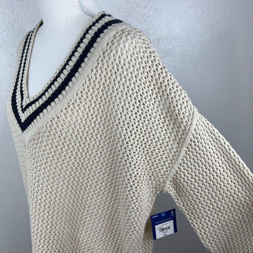 Arizona Sweater Women Large Beach Blue Varsity Pullover V-Neck Open Knit Casual - Picture 10 of 13